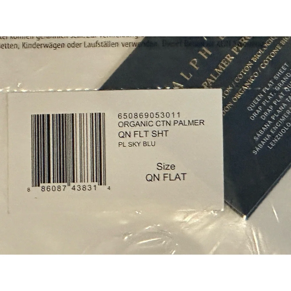 NWT Ralph Lauren Organic Cotton Palmer Queen Flat Sheet White Sky Blue NEW